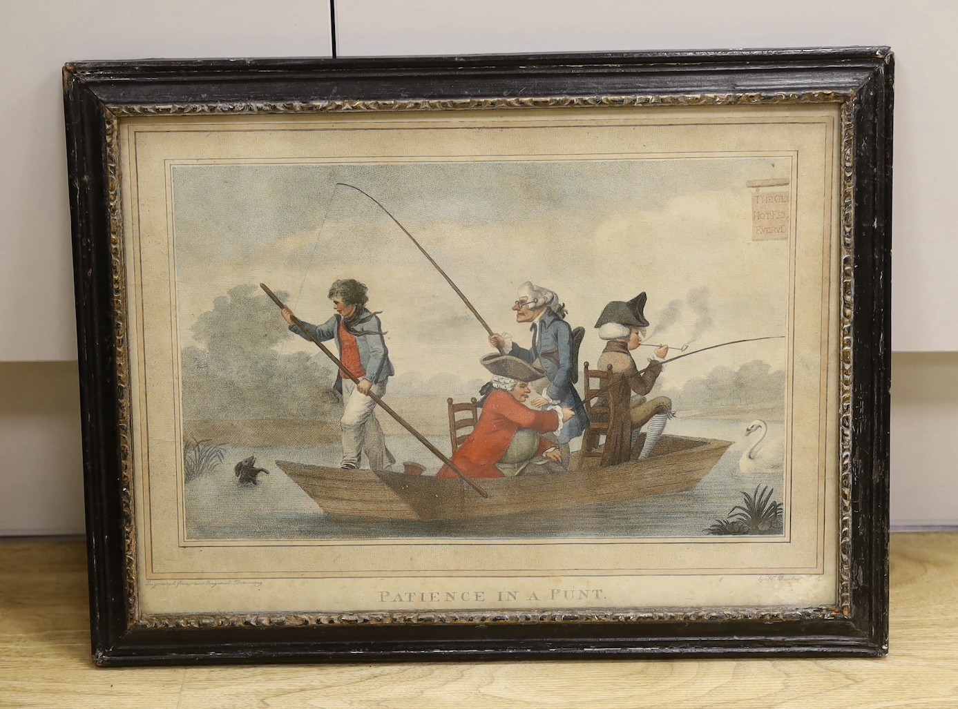 Henry William Bunbury (1750-1811), hand coloured stipple engraving, 'Patience in a Punt', overall 27 x 37cm